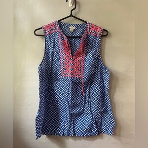 J. Crew Navy and Coral Embroidered Sleeveless Blouse